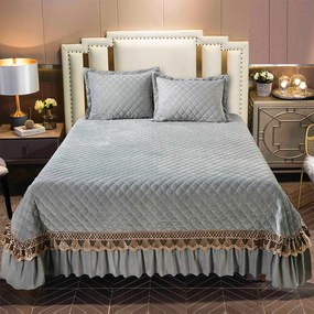 Cuvertură catifea matlasată cu broderie, gri deschis, 3 piese, 220x240 cm, CC81