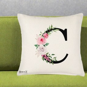 Cadou Personalizat - Perna Personalizata Monograma Florala Litera C, 40x40 cm, Crem Reliefat, Husa Detasabila, Perna Inclusa, BEKZ®