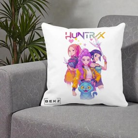 Perna Personalizata K-pop HUNTRX Trio Foto cu Pisica, 40x40 cm, Alba Mata, Husa Detasabila, Perna Inclusa, BEKZ®