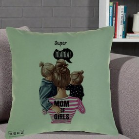 Cadou pentru Mama - Perna Personalizata Super Mama Mom of Girls, 40x40 cm, Verde, Husa Detasabila, Perna Inclusa, BEKZ®