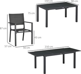 Outsunny Set de 7 Piese de Grădină din Aluminiu cu Masă Extensibilă și 6 Scaune cu Șezut din Plasă Respirabilă, 210x90x75 cm, Gri | Aosom Romania