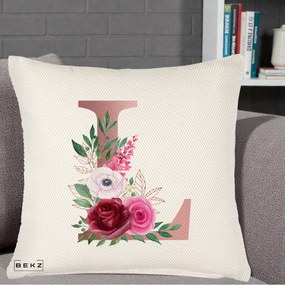 Cadou Personalizat - Perna Personalizata Monograma Rose Gold Litera L, 40x40 cm, Crem Reliefat, Husa Detasabila, Perna Inclusa, BEKZ®