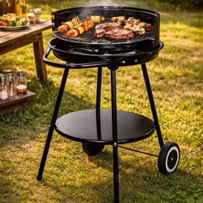 Grătar BBQ cu cărbuni, rotund Ø51 cm, cu roți și raft inferior, înălțime 82 cm, pentru grădină și outdoor