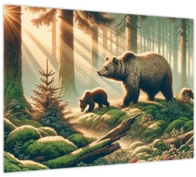 Tablou pe sticlă - Urși în pădure (70x50 cm)