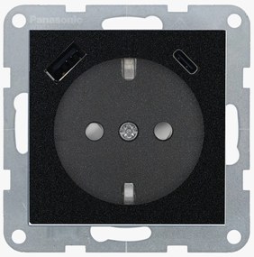 Priza simpla cu impamantare, protectie copii, USB A+C, 16A, IP20, Negru, Panasonic Karre Plus 55