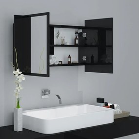 Dulap baie cu oglinda  LED negru extralucios 80x12x45 cm acril negru foarte lucios