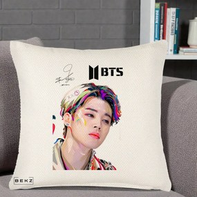 Perna Personalizata K-pop BTS Jimin Portret Artistic Multicolor cu Autograf, 40x40 cm, Crem Reliefat, Husa Detasabila, Perna Inclusa, BEKZ®