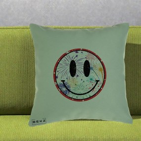 Perna Decorativa Smiley Face cu Artificii Multicolore, 40x40 cm, Verde, Husa Detasabila, Perna Inclusa, BEKZ®