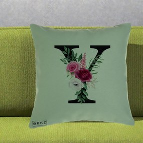 Cadou Personalizat - Perna Personalizata Monograma Florala Litera Y cu Buchet, 40x40 cm, Verde, Husa Detasabila, Perna Inclusa, BEKZ®