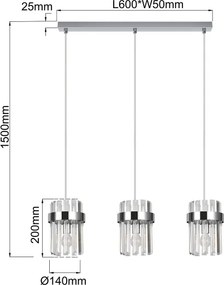 Lustră suspendată pe cablu VETRO, 3xE14/10W/230V, crom lucios