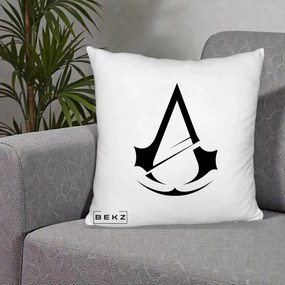 Perna Personalizata Assassin's Creed Minimalist, 40x40 cm, Alb Pufos, Husa Detasabila, Perna Inclusa, BEKZ®