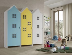 Set 3 dulapuri pentru copii Casami Bruges tip colibă de plajă – 1 cu ușă albă, 1 cu ușă Albastru și 1 cu ușă Galben Strălucitor – Vipack