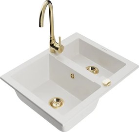 Mexen Carlos chiuvetă de bucătărie din granit cu 1,5 cuve și baterie Telma, alb - 6518-20-670200-50
