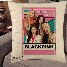 Perna Personalizata BLACKPINK Queens of Kpop, 40x40 cm, Bej, Husa Detasabila, Perna Inclusa, BEKZ®