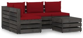 Set mobilier de gradina cu perne, 5 piese, gri, lemn tratat wine red and grey, 5