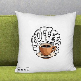 Perna Personalizata COFFEE cu Cana, 40x40 cm, Alb Pufos, Husa Detasabila, Perna Inclusa, BEKZ®