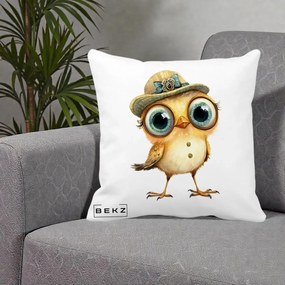 Perna Decorativa Pui Elegant cu Palarie Teal, 40x40 cm, Alba Mata, Husa Detasabila, Perna Inclusa, BEKZ®