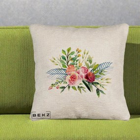 Perna Decorativa Buchet Flori Acuarela Roz-Verde, 40x40 cm, Bej Canapea, Husa Detasabila, Perna Inclusa, BEKZ®
