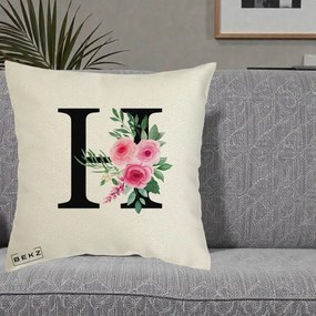 Cadou Personalizat - Perna Personalizata Monograma Florala Litera H cu Trandafiri Roz, 40x40 cm, Ecru, Husa Detasabila, Perna Inclusa, BEKZ®