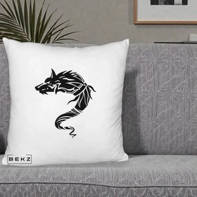 Perna Decorativa Lup Tribal Alb-Negru, 40x40 cm, Alb Pufos, Husa Detasabila, Perna Inclusa, BEKZ®