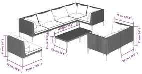 Set mobilier de gradina cu perne 9 piese gri inchis poliratan 5x colt + 3x mijloc + masa, 1