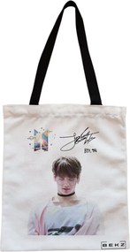 Sacosa de Panza pentru Cumparaturi, Geanta Tote, model BTS Jungkook 2, Cu fermoar, 38x34.5 cm, Alba, BEKZ®