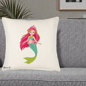 Perna Decorativa Sirena Roz cu Coroana, 40x40 cm, Crem Reliefat, Husa Detasabila, Perna Inclusa, BEKZ®