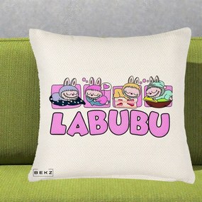 Perna Personalizata Labubu Sleeping Quad, 40x40 cm, Crem Reliefat, Husa Detasabila, Perna Inclusa, BEKZ®