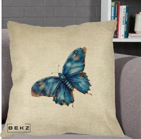 Perna Decorativa Fluture Albastru Satin cu Pete Aurii, 40x40 cm, Crem, Husa Detasabila, Perna Inclusa, BEKZ®