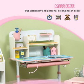 HOMCOM Set de Birou pentru Copii cu Înălțime Reglabilă, Masă de Studiu cu Raft și Spațiu de Depozitare, 80x52x88-109 cm, Roz | Aosom Romania