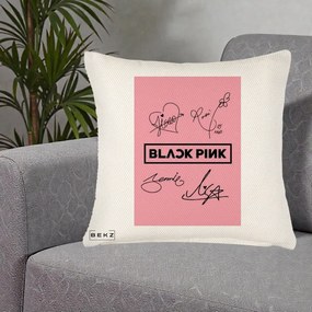 Perna Personalizata K-pop BLACKPINK Semnaturi Roz, 40x40 cm, Crem Reliefat, Husa Detasabila, Perna Inclusa, BEKZ®