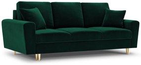 Canapea  extensibila 3 locuri Moghan cu tapiterie din catifea, picioare din metal auriu, verde