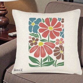 Perna Decorativa Flori Grafice Colorate Retro, 40x40 cm, Crem Reliefat, Husa Detasabila, Perna Inclusa, BEKZ®