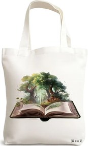Sacosa de Panza pentru Cumparaturi, Geanta Tote, model Books in the tropical 38 x 34.5 cm, Alba, BEKZ®