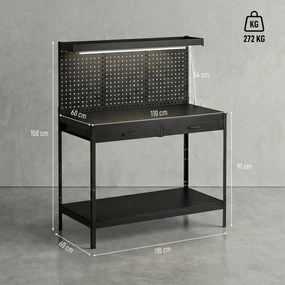 HOMCOM Banc de lucru 110 cm cu panou perforat, banc robust cu șină de prize și iluminare LED, Negru | Aosom Romania