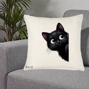Perna Decorativa Pisica Neagra Dragalasa Curioasa, 40x40 cm, Crem Reliefat, Husa Detasabila, Perna Inclusa, BEKZ®