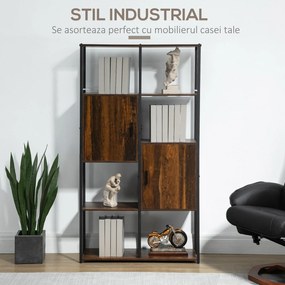 HOMCOM Biblioteca in stil industrial modern cu 4 rafturi si 2 dulapuri, rafturi din metal si lemn pentru casa si birou, 90x30x159,5 cm, negru si maro