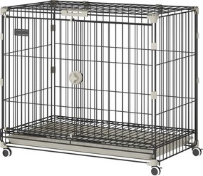 PawHut Cușcă pliabilă pentru câini, Tavă detașabilă, Roți cu frâne, Acoperiș rabatabil, Ușă de hrănire, 75,5x46x64,5cm, Negru | Aosom Romania