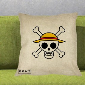 Perna Personalizata One Piece Jolly Roger Straw Hat Pirates, 40x40 cm, Crem, Husa Detasabila, Perna Inclusa, BEKZ®