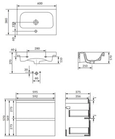 Set dulap baie suspendat 2 sertare cu lavoar inclus, 60 cm, antracit mat, Cersanit Moduo Slim 600x380 mm