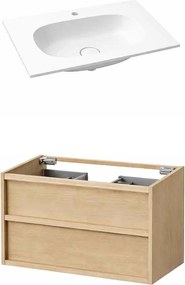 Set dulap baza suspendat KolpaSan Storia 2 sertare 90 cm finisaj acacia cu lavoar compozit Kerrock alb