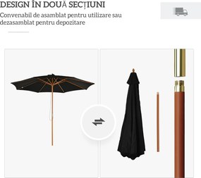 Outsunny Umbrelă de Grădină 3 m cu Stâlp din Lemn, 8 Spițe și Acoperire din Poliester, Neagră | Aosom Romania