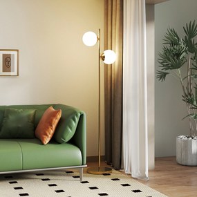 HOMCOM Lampă de Podea cu 2 Lumini și Abajururi Sferice, Lampă de Podea cu Comutator de Picior, Soclu E27, 39x28x165 cm, Aur | Aosom Romania