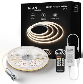 Kit Bandă LED COB – 5 m, Lumină Neutră 4000 K, 14 W/m, 24 V cu Telecomandă și Transformator 72 W