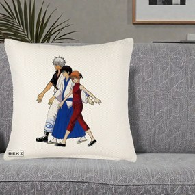Perna Personalizata Gintama Trio Gintoki Shinpachi Kagura, 40x40 cm, Crem Reliefat, Husa Detasabila, Perna Inclusa, BEKZ®