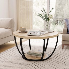 HOMCOM Măsuță de Cafea Rotundă cu 2 Rafturi, Picioare Metalice, Blat Gros, 80x80x43,8 cm, Finisaj Lemn Natur | Aosom Romania