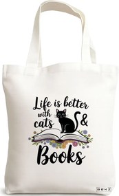 Sacosa de Panza pentru Cumparaturi, Geanta Tote, model Life is better with Cats and Books, 38 x 34.5 cm, Alba, BEKZ®