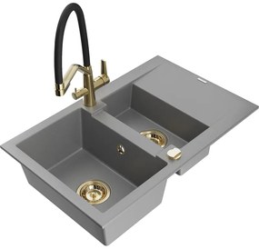 Mexen Gaspar Chiuvetă de granit de 1,5 compartiment cu picurător și baterie de bucătărie Duo, Gri - 6507-71-671701-57-G