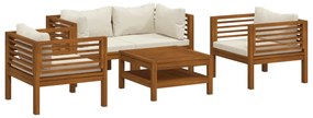 Set mobilier gradina cu perne crem, 5 piese, lemn masiv acacia Crem, 2x colt + 2x fotoliu + masa, 1