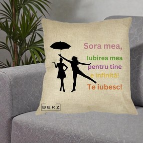 Cadou pentru Sora - Perna Personalizata Sora Mea Te Iubesc Siluete Colorate Umbrela, 40x40 cm, Crem, Husa Detasabila, Perna Inclusa, BEKZ®